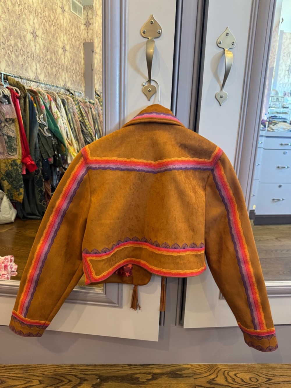MOTHER Boho Suede Cropped Jacket in Caramel with Pink Trim - Picture 3 of 4
